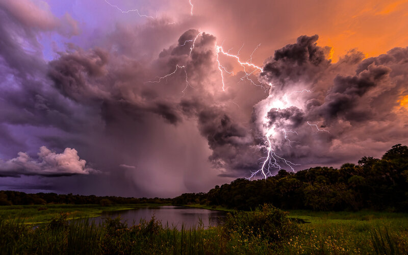 Lightning Storm over Lake — Purple, Dramatic, Night, Photograph
