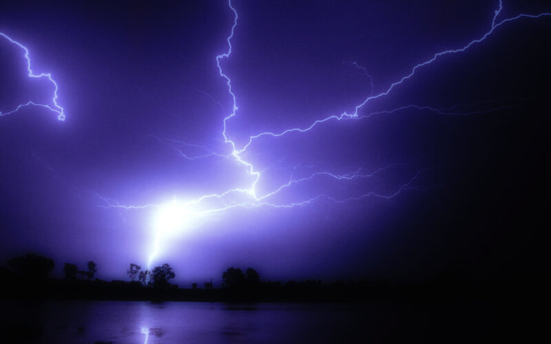 Lightning Storm over Lake — Purple, Dramatic, Night, Photograph, Trees, Sky