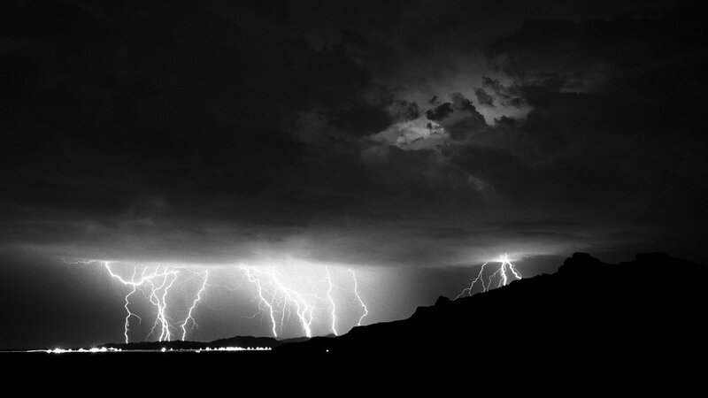 Lightning Storm over Landscape — Black, Dramatic, Night, Photograph, Clouds
