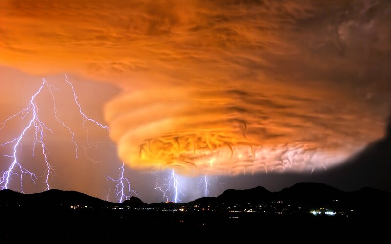 Lightning Storm over Mountains — Orange, Dramatic