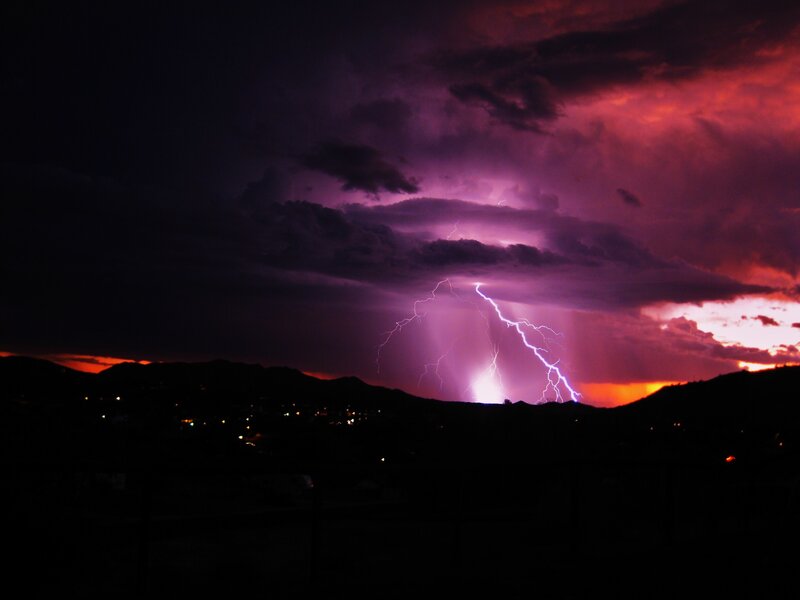Lightning Storm over Mountains — Purple, Dramatic, Night, Photograph, City Lights