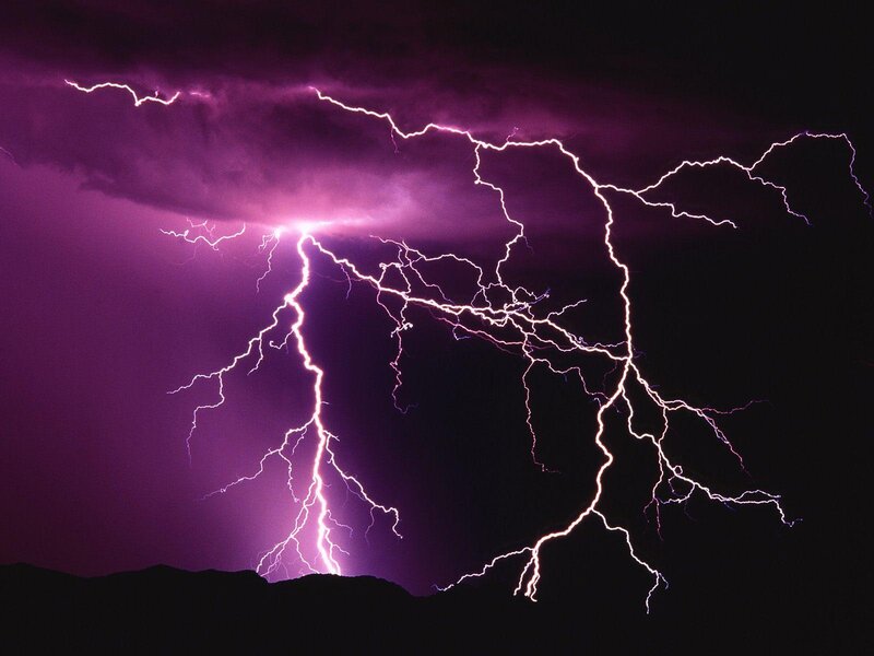 Lightning Storm over Mountains — Purple, Dramatic, Night, Photograph, Clouds