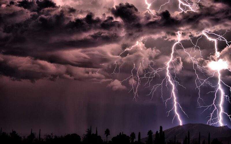 Lightning Storm over Mountains — Purple, Dramatic, Night, Photograph, Clouds, Trees