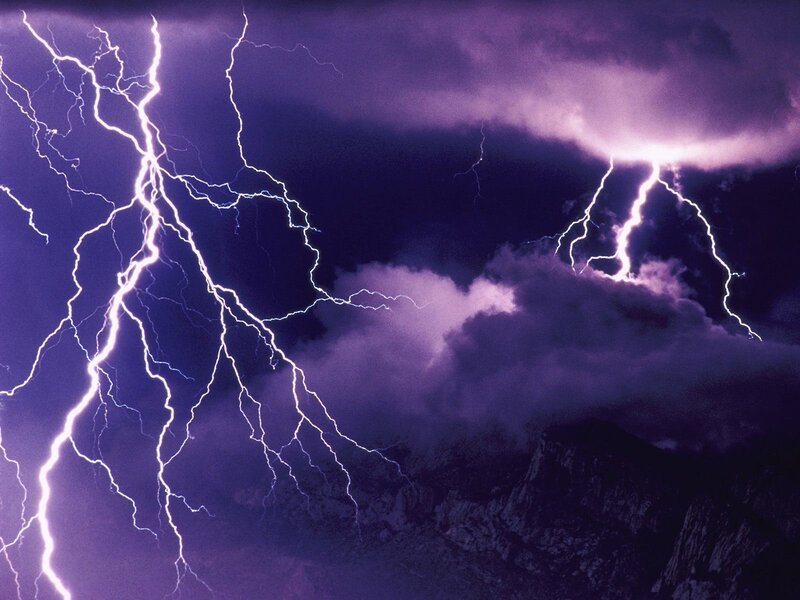 Lightning Storm over Mountains — Purple, Dramatic, Night, Photograph, Clouds, White