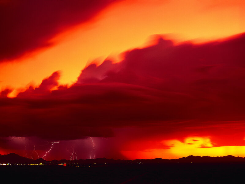 Lightning Storm over Mountains — Red, Dramatic