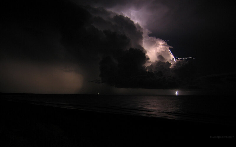 Lightning Storm over Ocean — Black, Dramatic, Night, Photograph, Clouds, Gray
