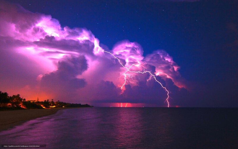 Lightning Storm over Ocean — Purple, Dramatic, Night, Photograph, Clouds