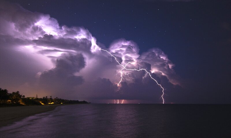 Lightning Storm over Ocean — Purple, Dramatic, Night, Photograph