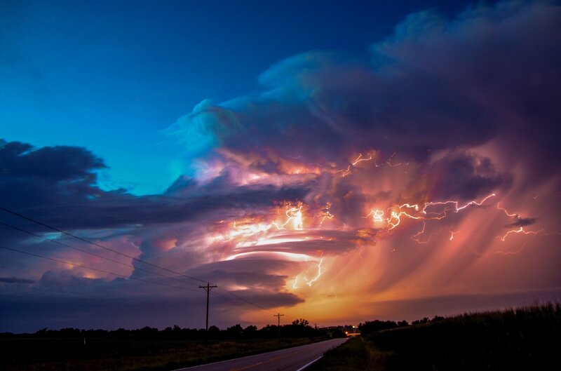 Lightning Storm over Road — Blue, Dramatic