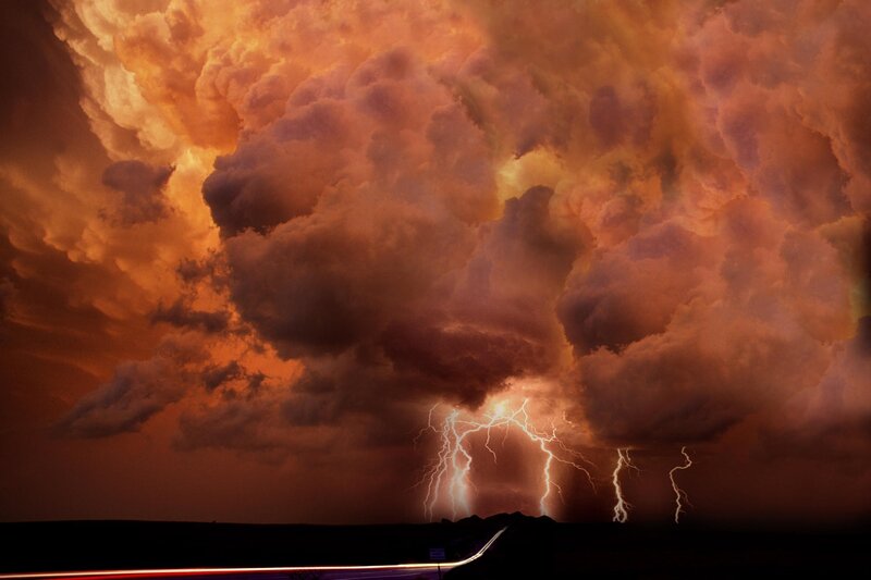 Lightning Storm over Road — Orange, Dramatic, Night, Photograph, Clouds, Black, White