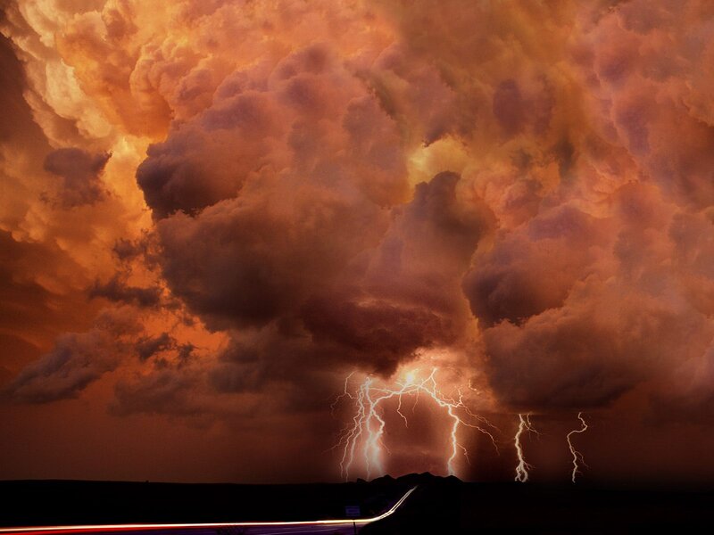 Lightning Storm over Road — Orange, Dramatic, Night, Photograph, Clouds