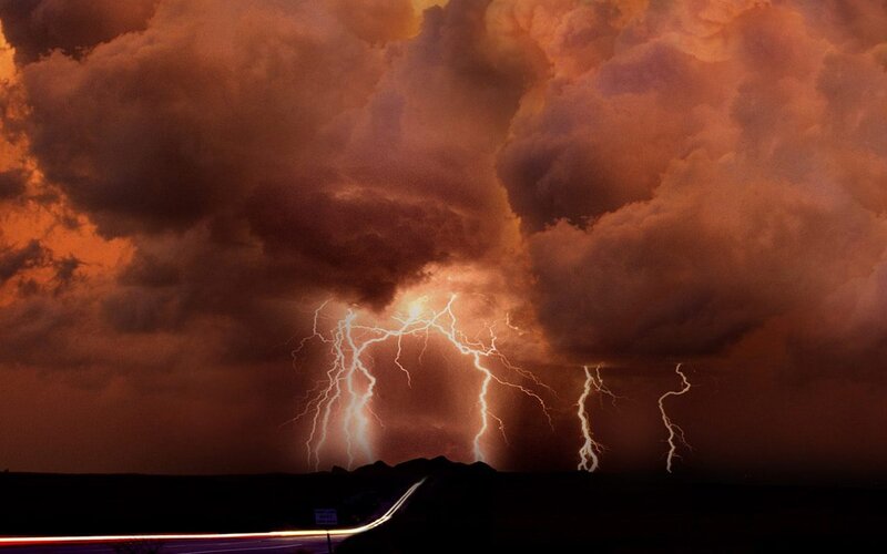 Lightning Storm over Road — Orange, Dramatic, Night, Photograph, Mountain