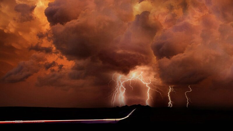 Lightning Storm over Road — Orange, Dramatic, Night, Photograph