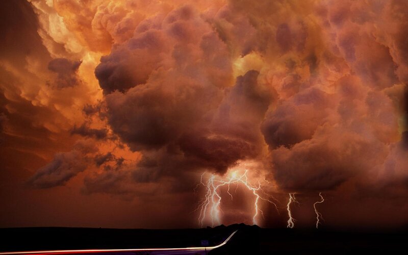 Lightning Storm over Road — Orange, Dramatic, Night