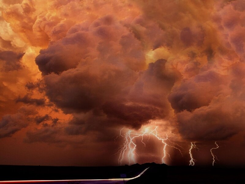 Lightning Storm over Road — Orange, Dramatic