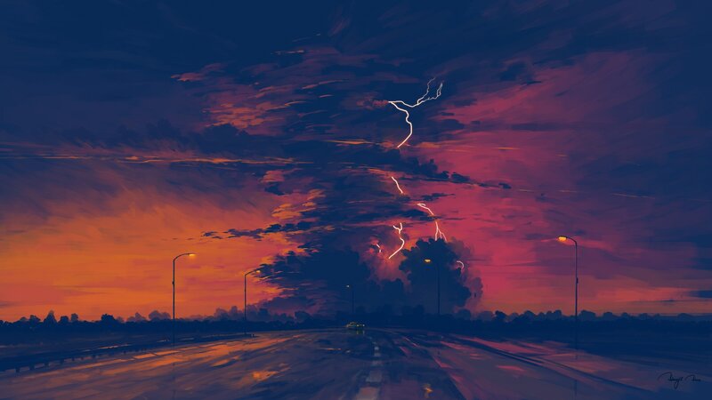 Lightning Storm over Road — Purple, Dramatic, Night, Digital Art