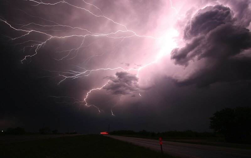 Lightning Storm over Road — Purple, Dramatic, Night