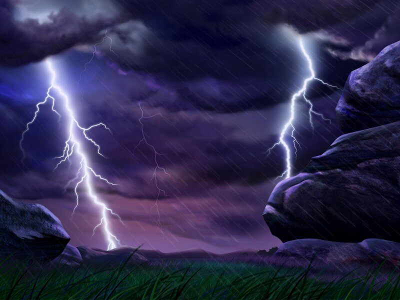 Lightning Storm over Rocks — Purple, Dramatic, Night