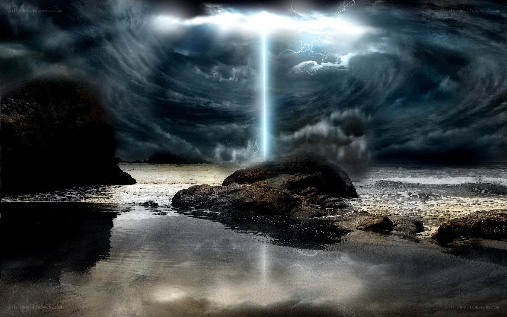 Lightning storm over rocky beach