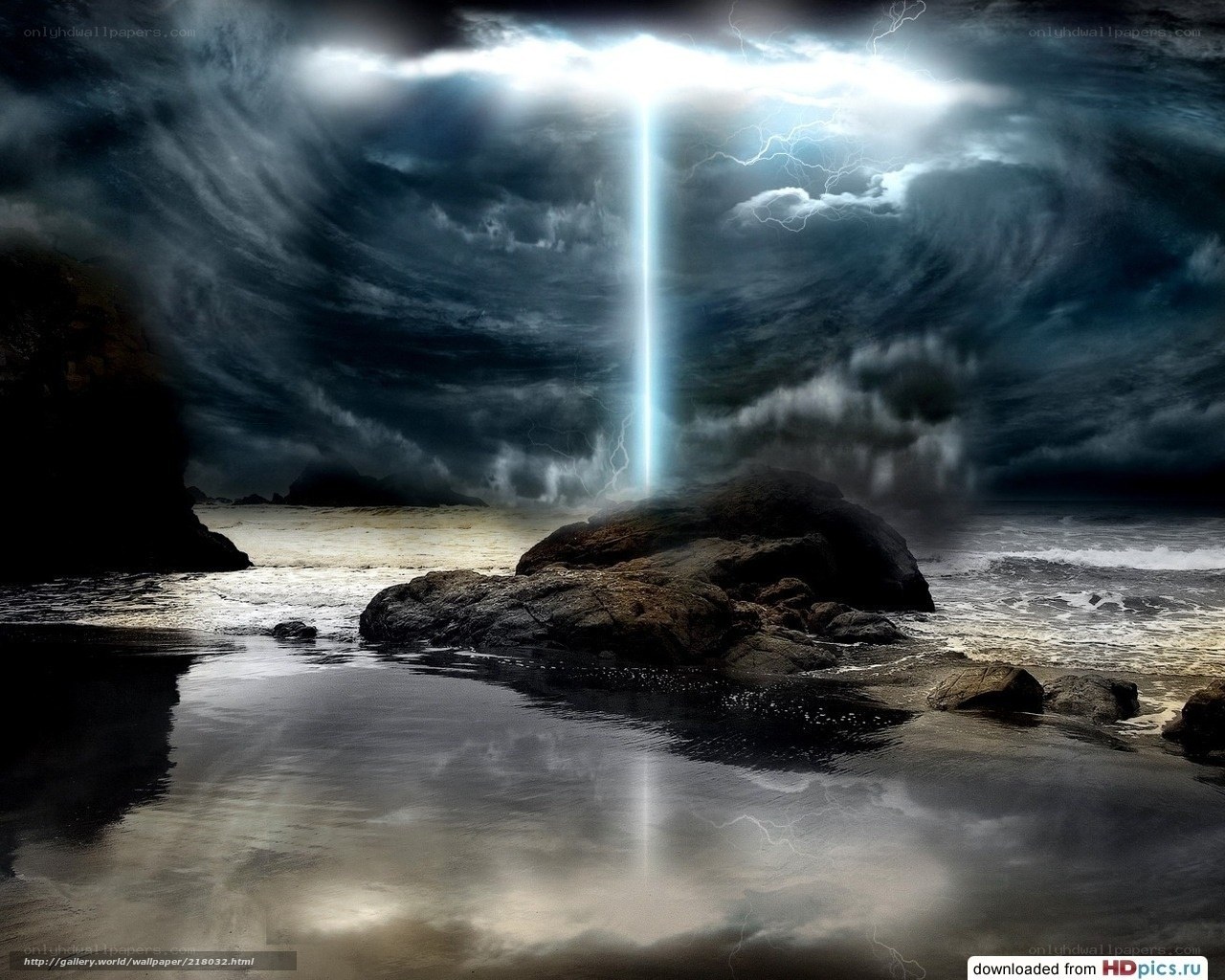 Lightning storm over rocky beach
