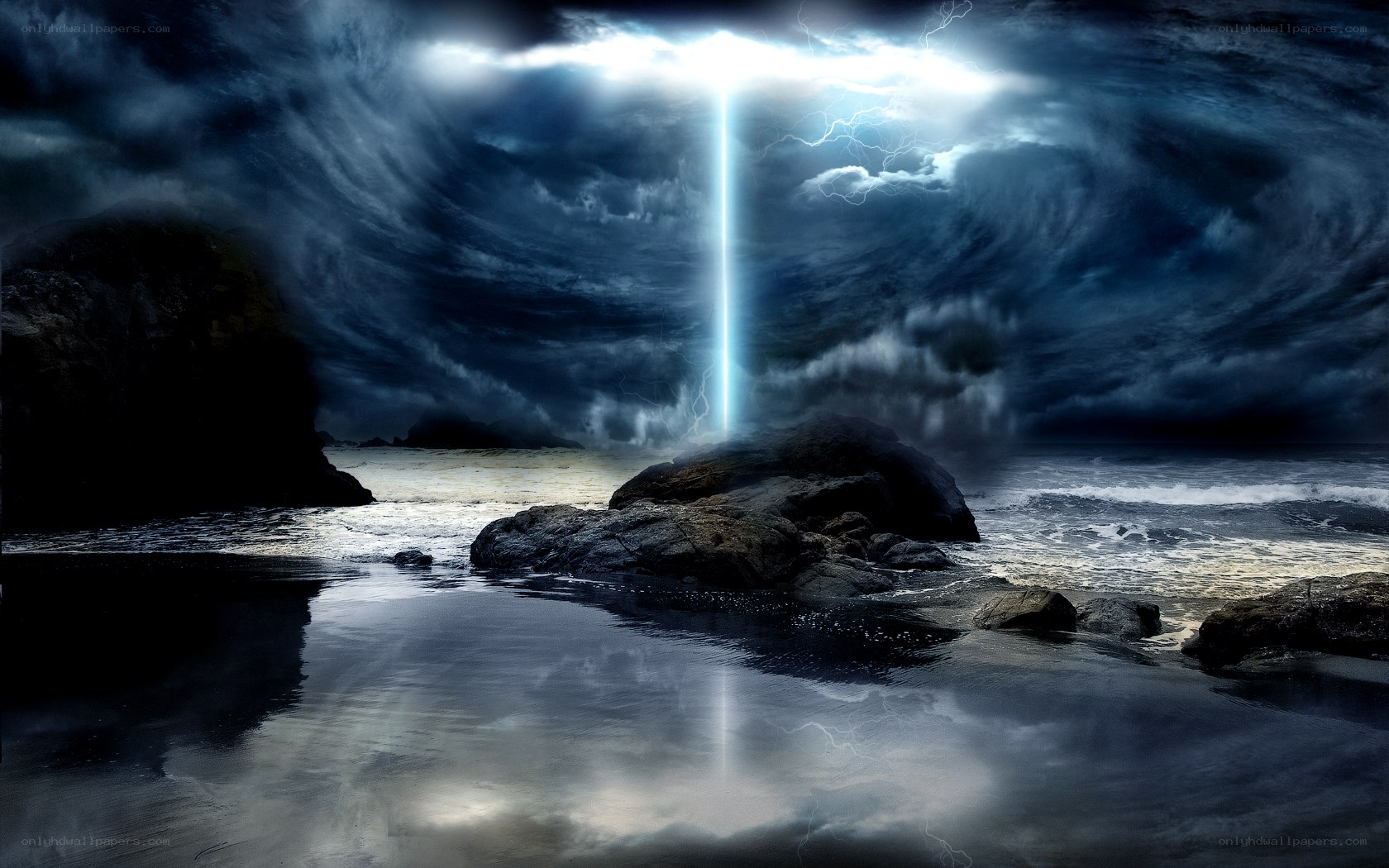 Lightning storm over rocky shore