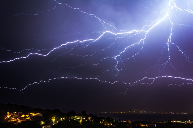 Lightning Storm over Town — Purple, Dramatic