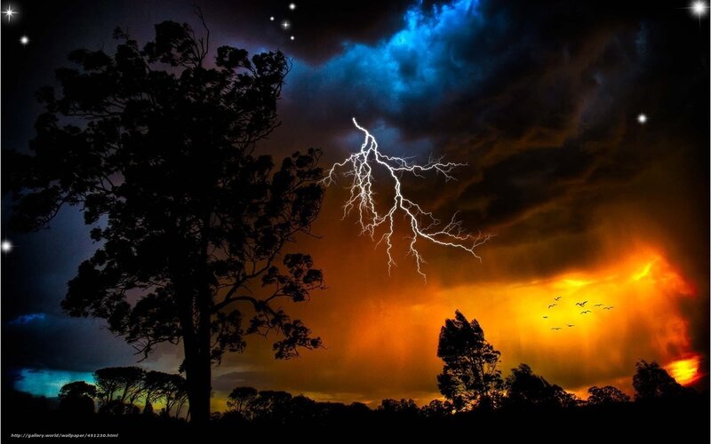 Lightning Storm over Trees — Blue, Dramatic, Night, Digital Art, Tree