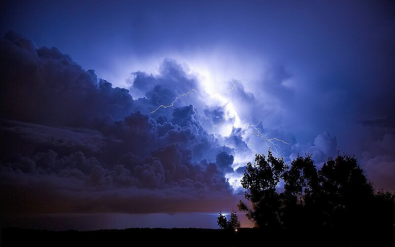 Lightning Storm over Trees — Blue, Dramatic, Night, Photograph, Clouds