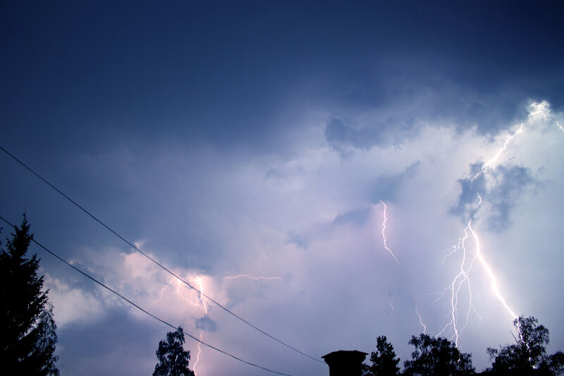 Lightning Storm over Trees — Blue, Dramatic, Night, Photograph, Power Lines