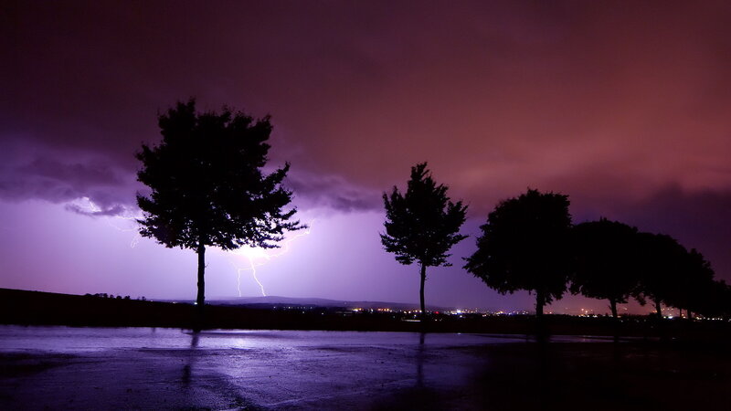Lightning Storm over Trees — Purple, Dramatic, Night, Photograph, City Lights