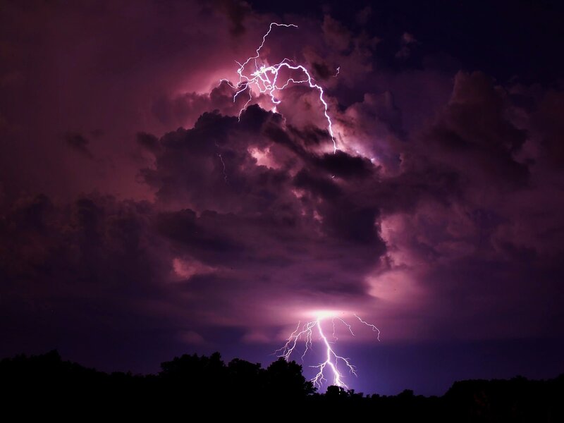 Lightning Storm over Trees — Purple, Dramatic, Night, Photograph, Clouds, Sky