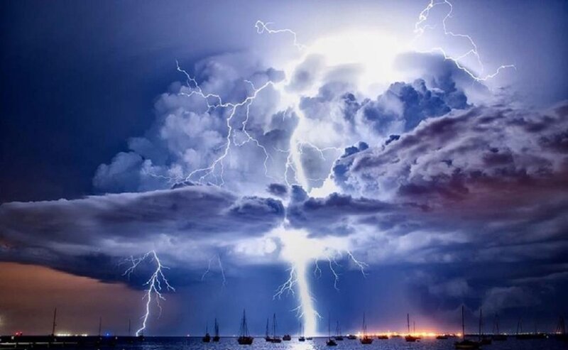 Lightning Storm over Water — Blue, Dramatic, Night