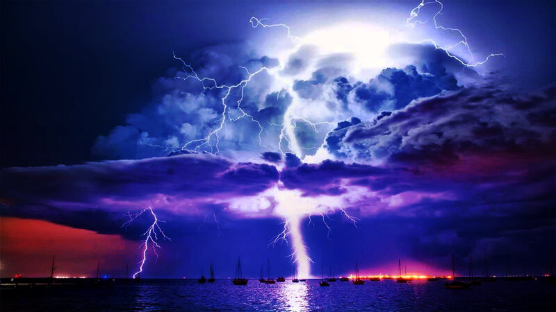 Lightning Storm over Water — Purple, Dramatic, Night, Digital Art