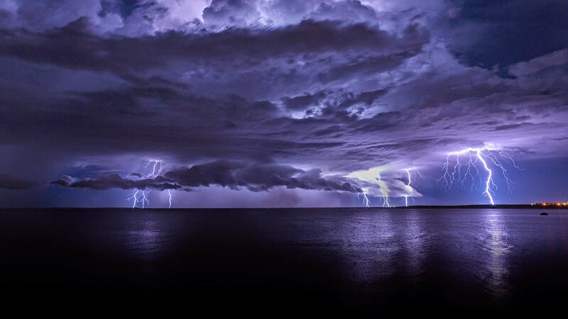 Lightning Storm over Water — Purple, Dramatic, Night, Photograph, Clouds