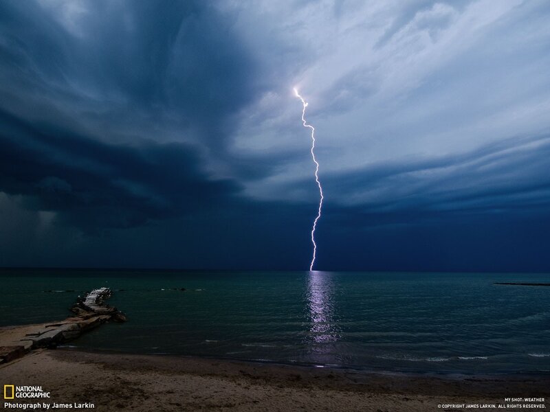 Lightning Strike on Ocean — Blue