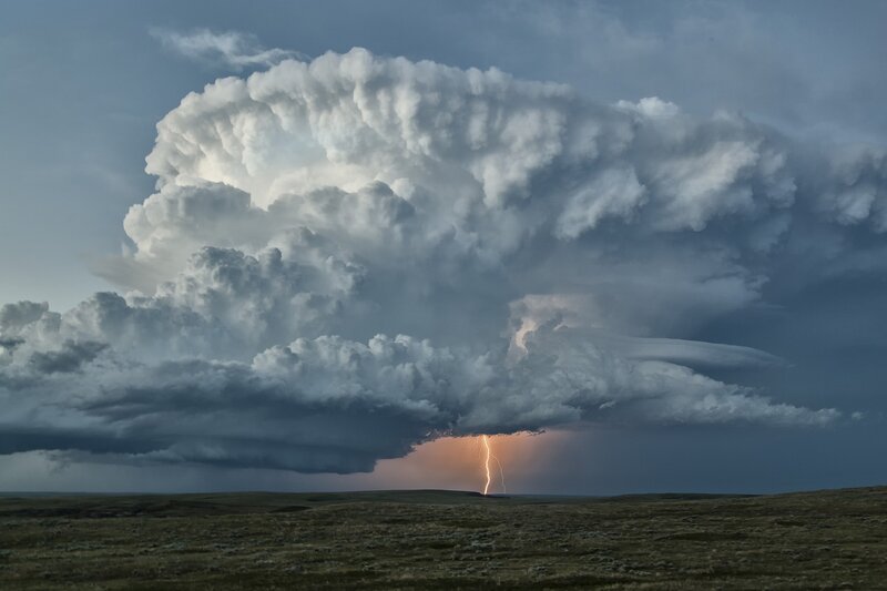 Lightning Strike on Plain — Gray, Dramatic