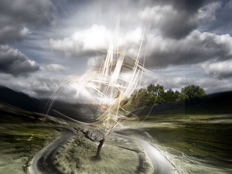 Lightning strike over a winding road
