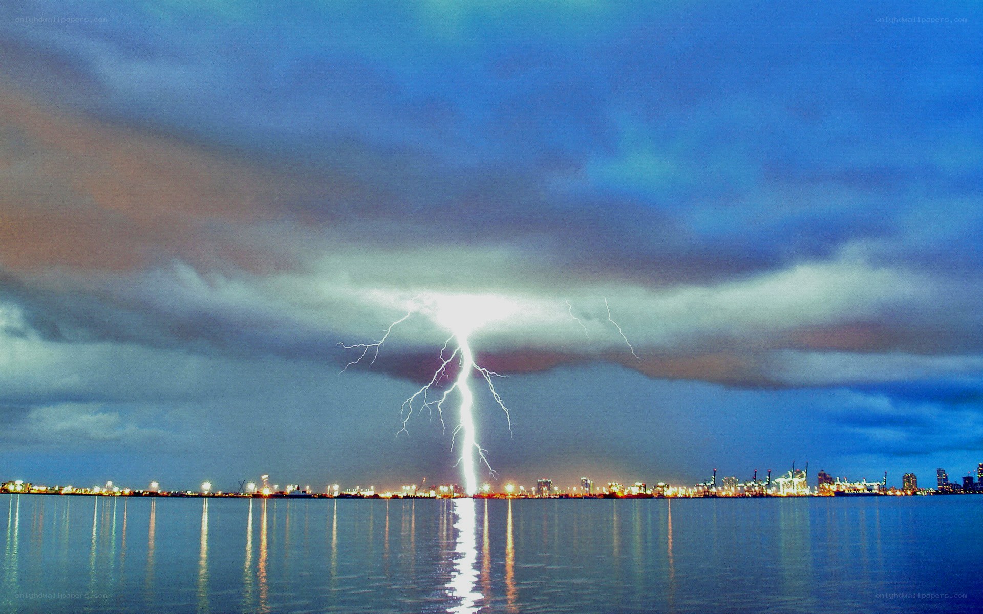 Lightning strike over city