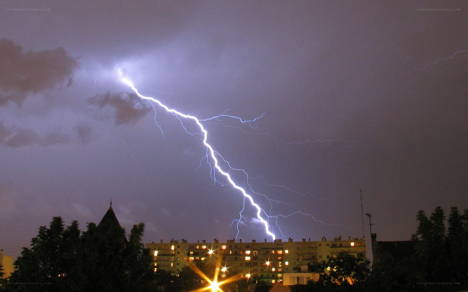 Lightning strike over city