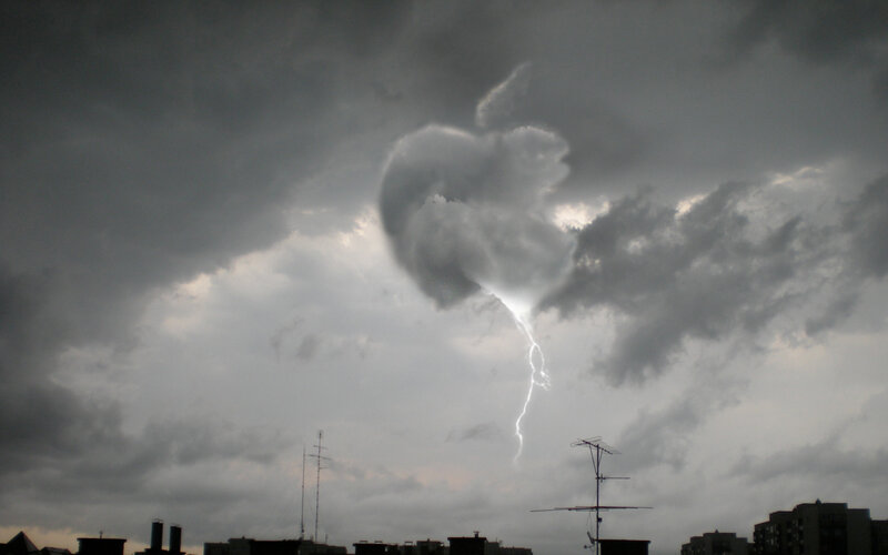 Lightning strike over city