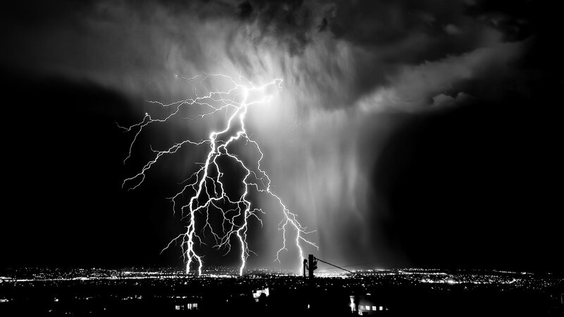 Lightning Strike over City — Black, Dramatic, Night