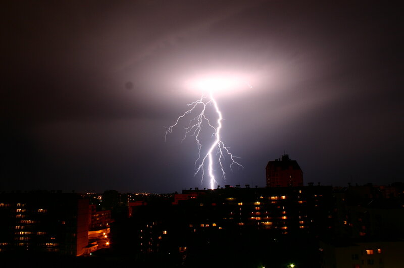 Lightning Strike over City — Black, Dramatic