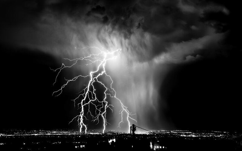 Lightning Strike over City — Black