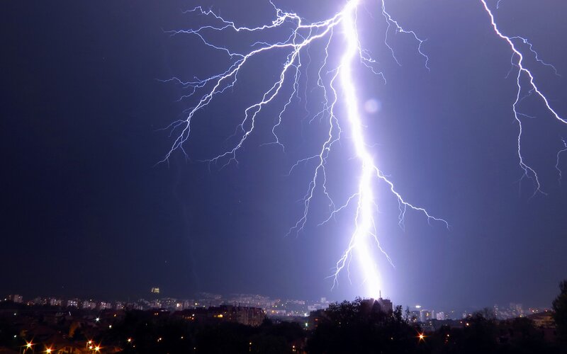 Lightning Strike over City — Blue, Dramatic, Night, Photograph, City Lights