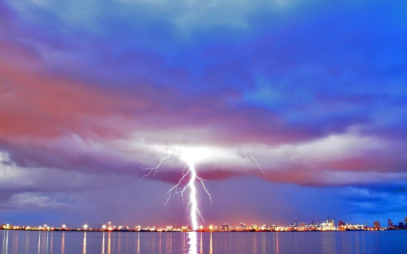 Lightning Strike over City — Blue, Dramatic, Night, Photograph, City Skyline