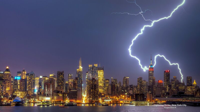 Lightning Strike over City — Blue, Dramatic, Night, Photograph