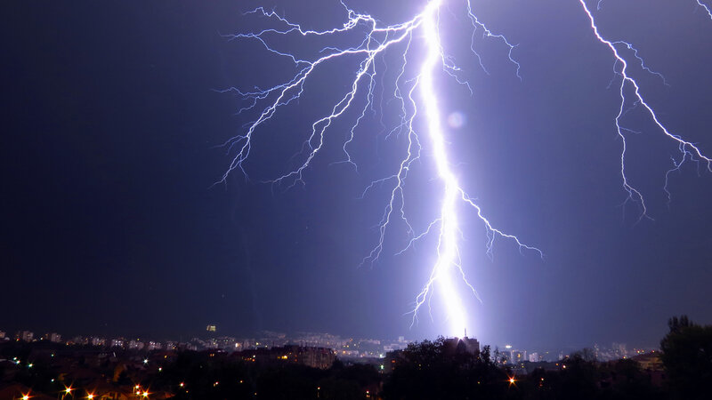 Lightning Strike over City — Blue, Dramatic, Night