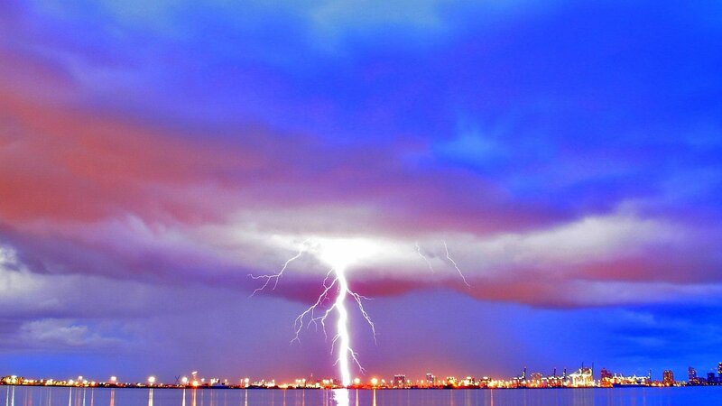 Lightning Strike over City — Blue, Dramatic