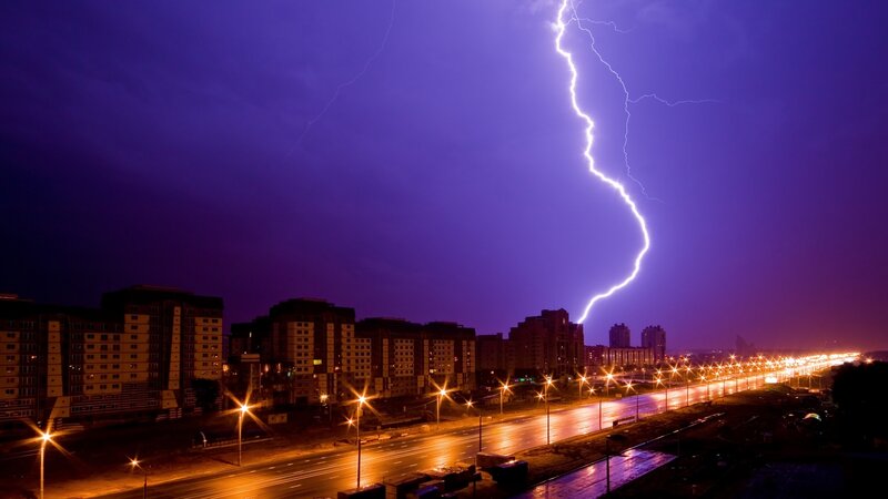 Lightning Strike over City — Purple, Dramatic, Night, Photograph, Buildings