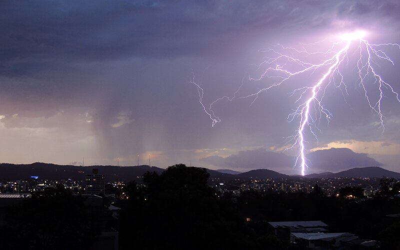 Lightning Strike over City — Purple, Dramatic, Night, Photograph, Mountains